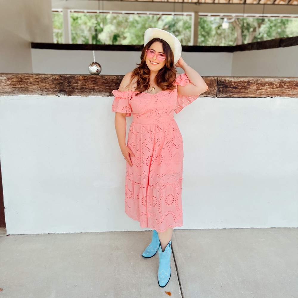 Momycharm Pink Polka Dot Off Shoulder Ruffle Elegant Midi Tea Party Dress